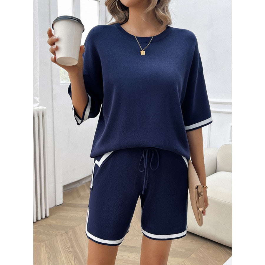 Contrast Trim Round Neck Top and Shorts Set Apparel and Accessories