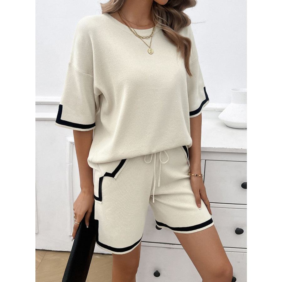 Contrast Trim Round Neck Top and Shorts Set Apparel and Accessories