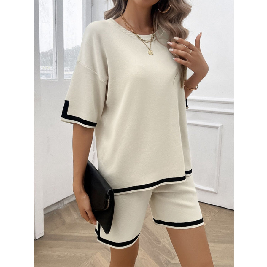 Contrast Trim Round Neck Top and Shorts Set Apparel and Accessories