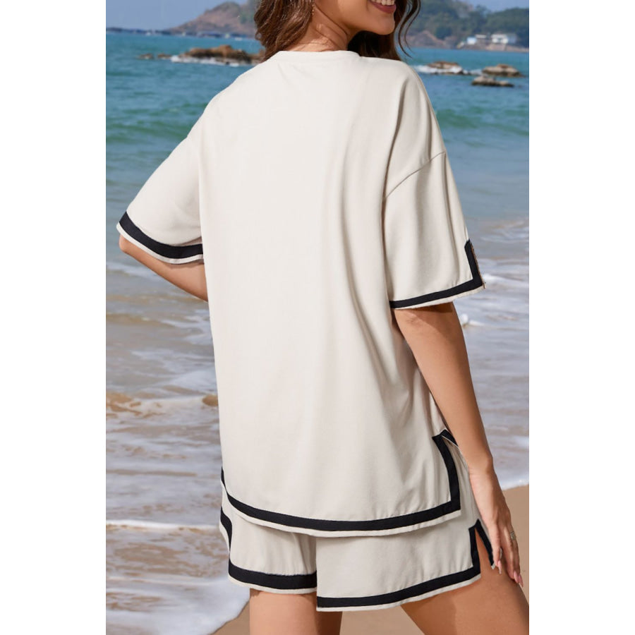 Contrast Trim Round Neck Top and Shorts Set Apparel and Accessories