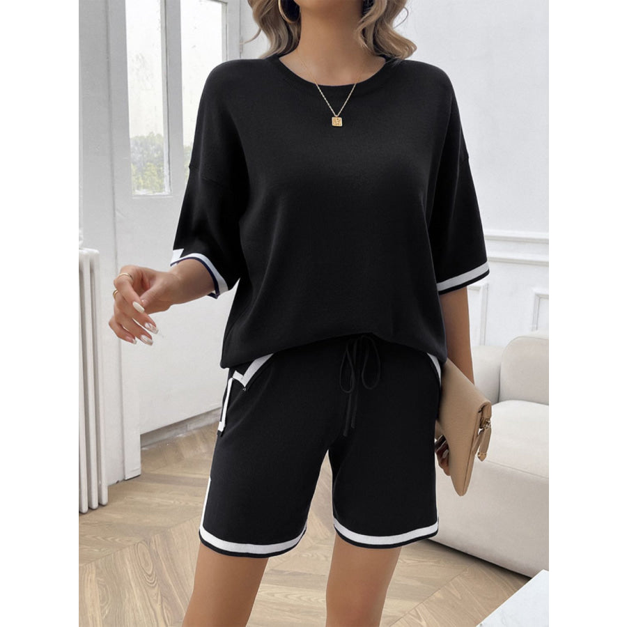 Contrast Trim Round Neck Top and Shorts Set Apparel and Accessories