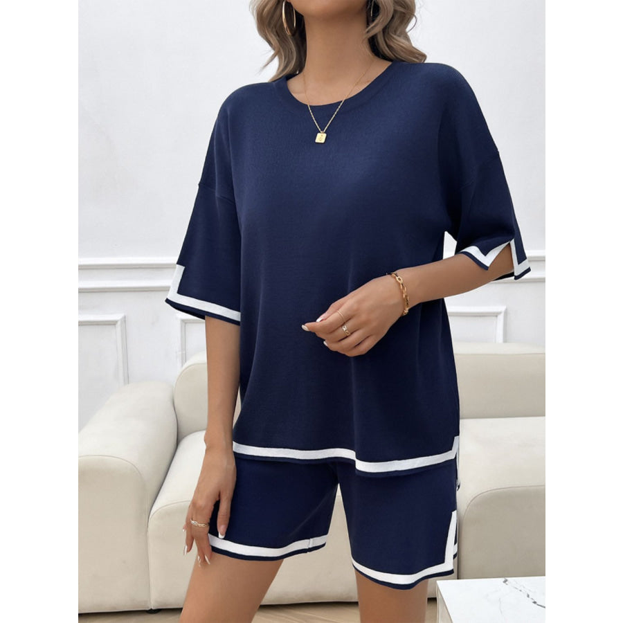 Contrast Trim Round Neck Top and Shorts Set Apparel and Accessories