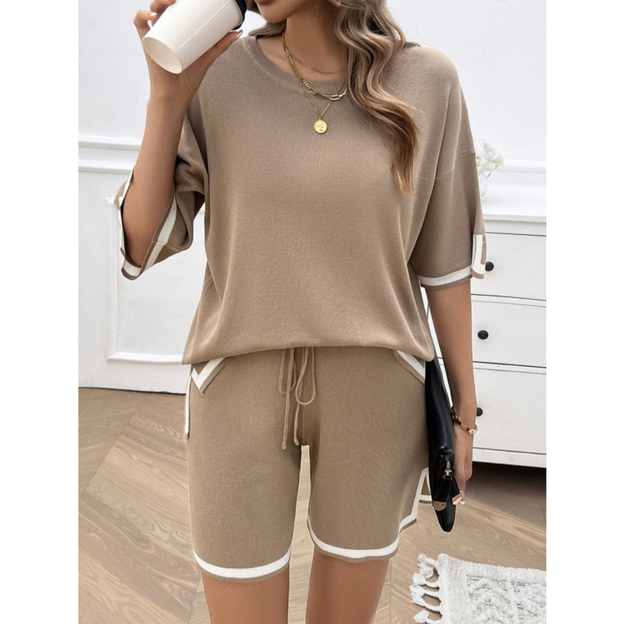 Contrast Trim Round Neck Top and Shorts Set Apparel and Accessories