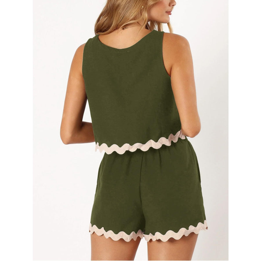 Contrast Trim Round Neck Top and Shorts Set Army Green / M Apparel and Accessories