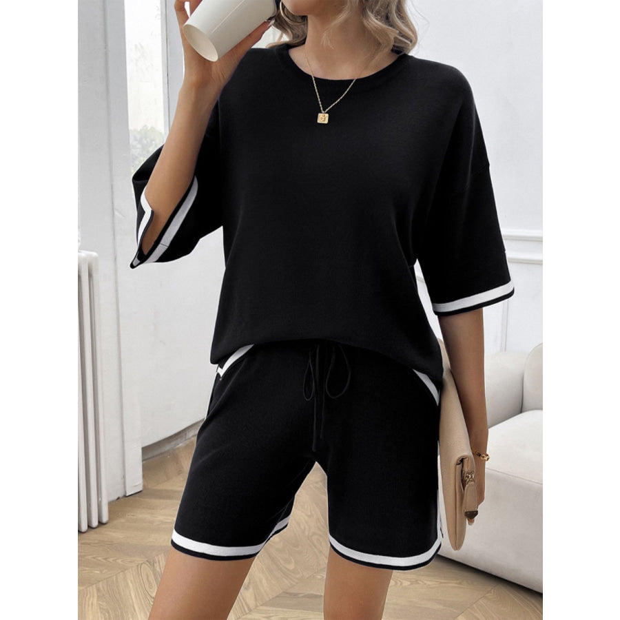 Contrast Trim Round Neck Top and Shorts Set Black / S Apparel and Accessories