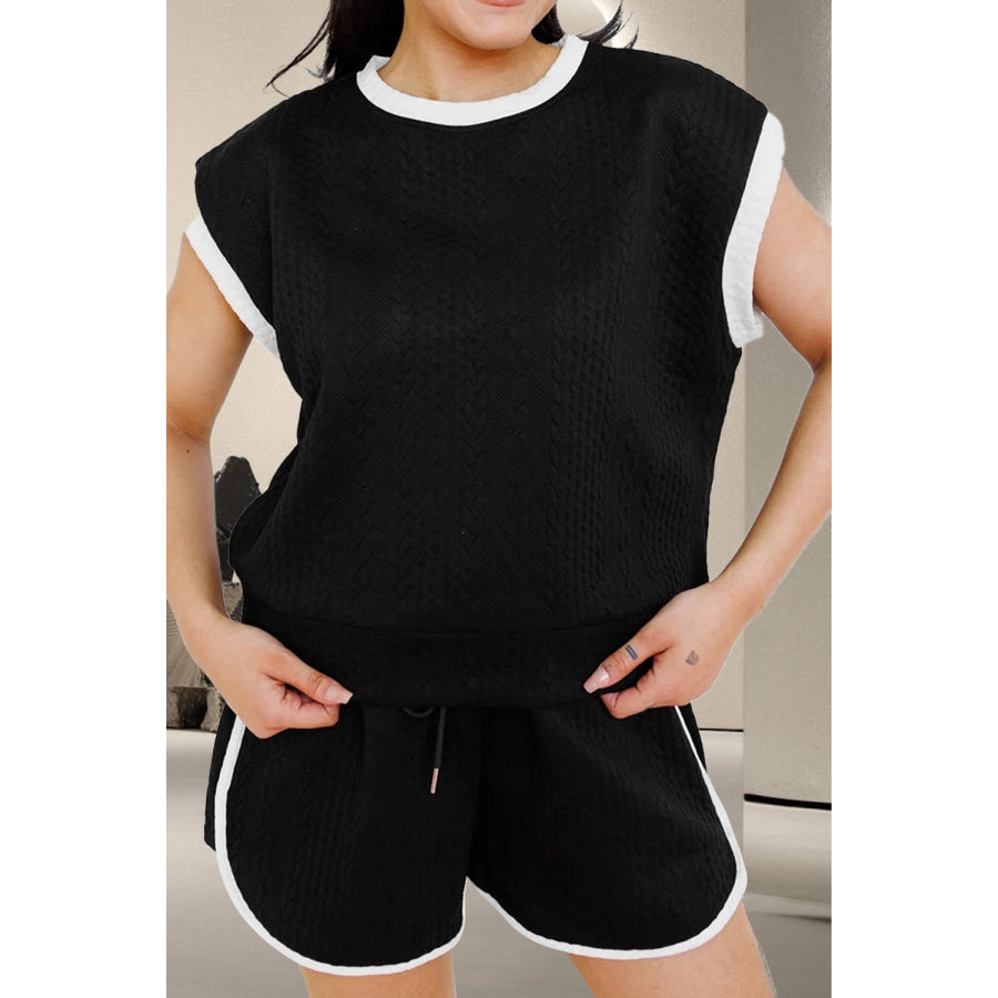 Contrast Trim Round Neck Top and Shorts Set Black / S Apparel and Accessories