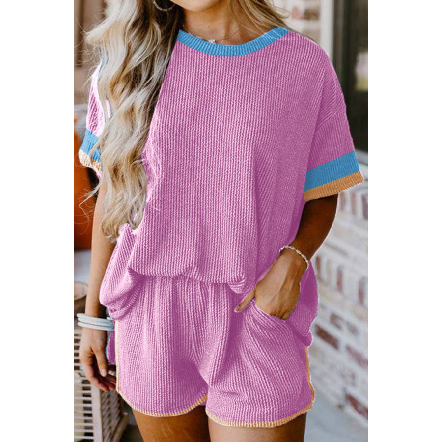 Contrast Trim Round Neck Top and Shorts Set Cerise / S Apparel and Accessories