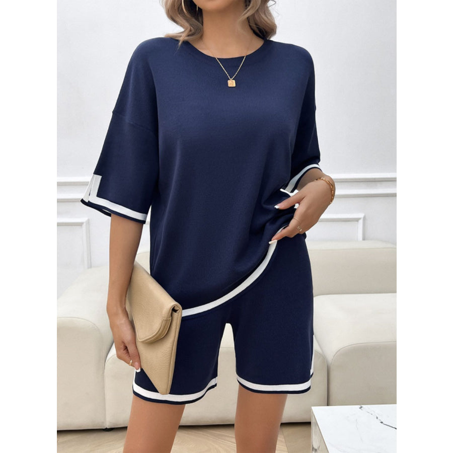 Contrast Trim Round Neck Top and Shorts Set Dark Blue / S Apparel and Accessories