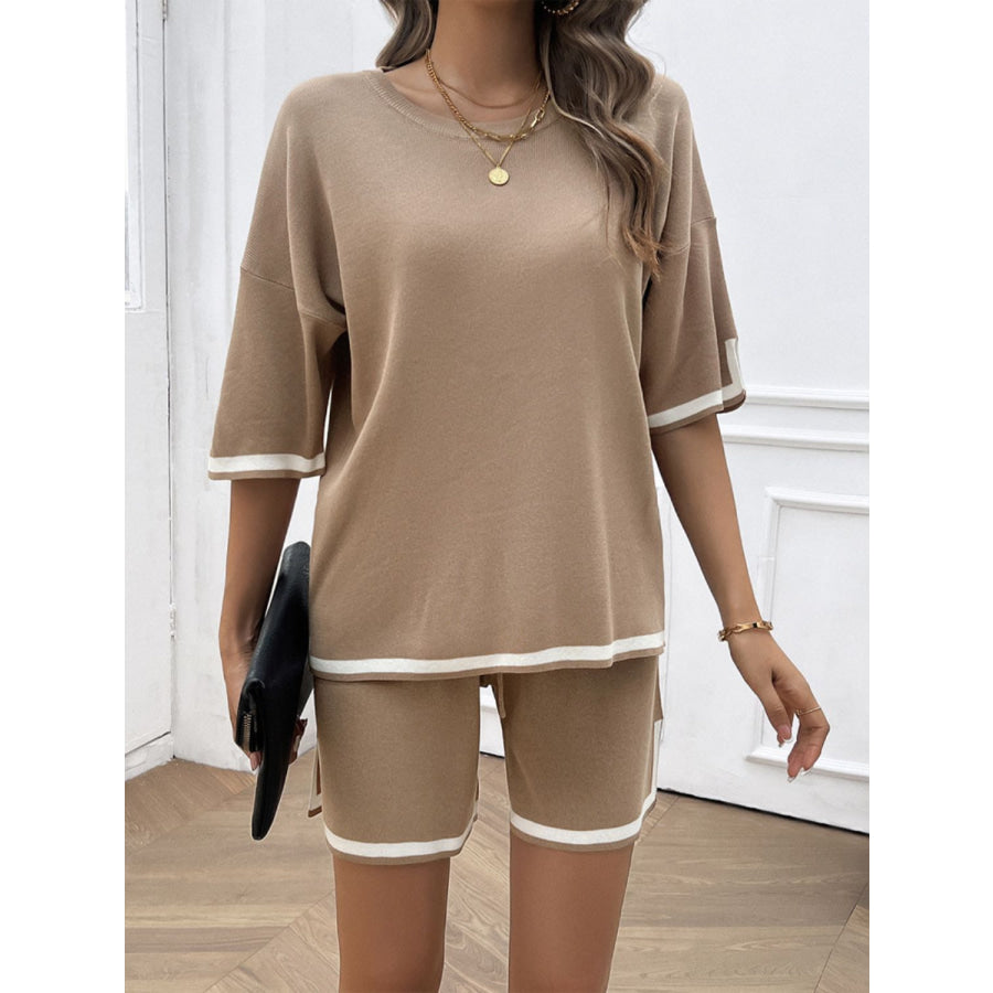 Contrast Trim Round Neck Top and Shorts Set Mocha / S Apparel and Accessories