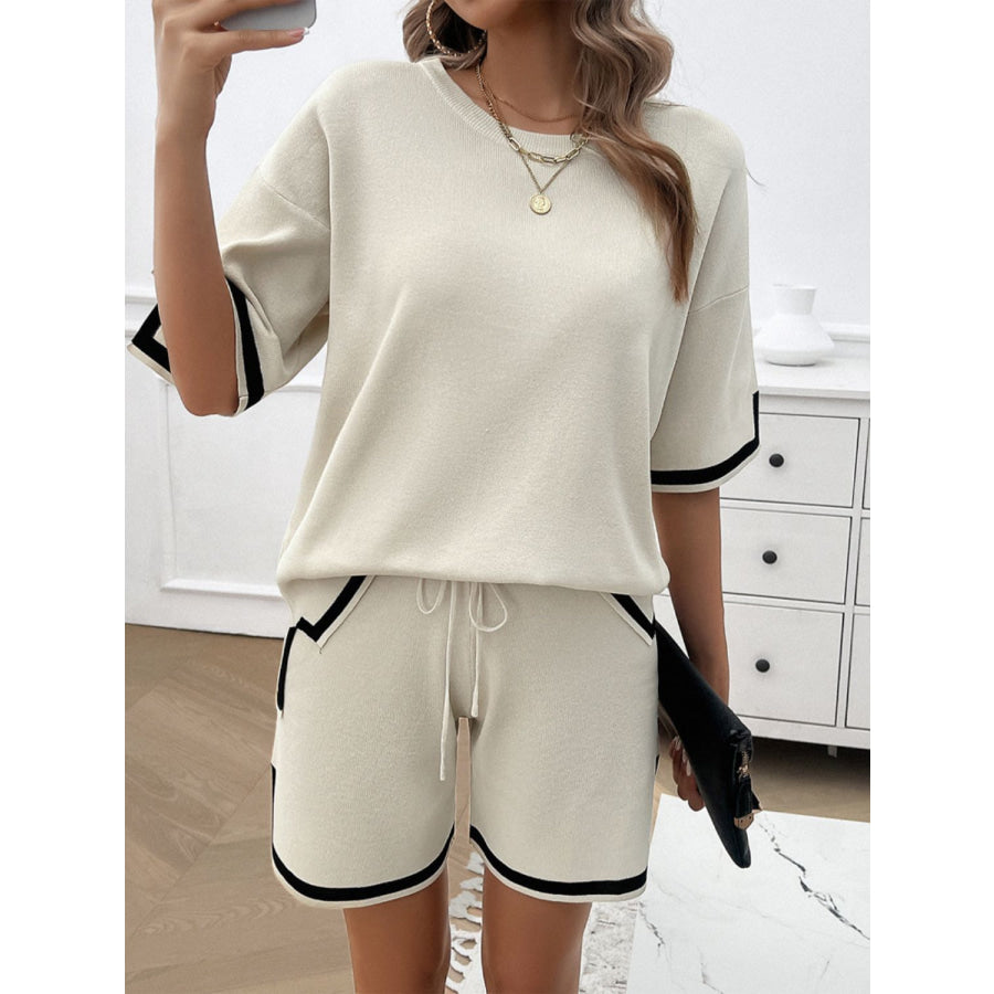 Contrast Trim Round Neck Top and Shorts Set White / S Apparel and Accessories