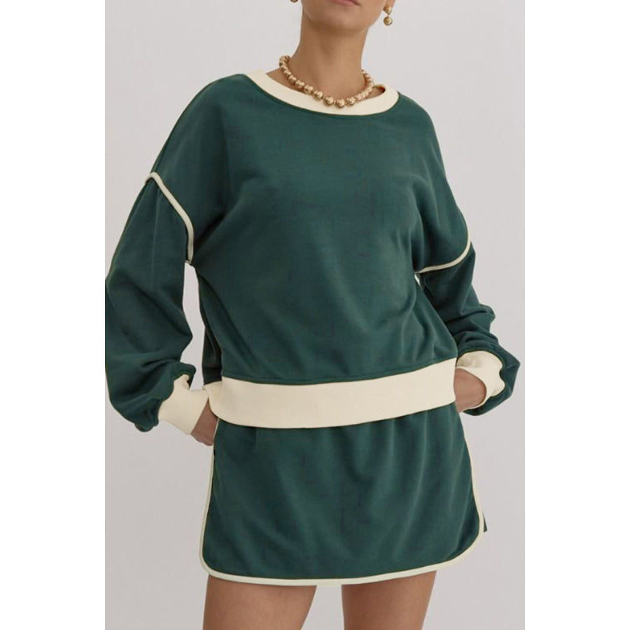 Contrast Trim Round Neck Top and Skort Set Apparel and Accessories