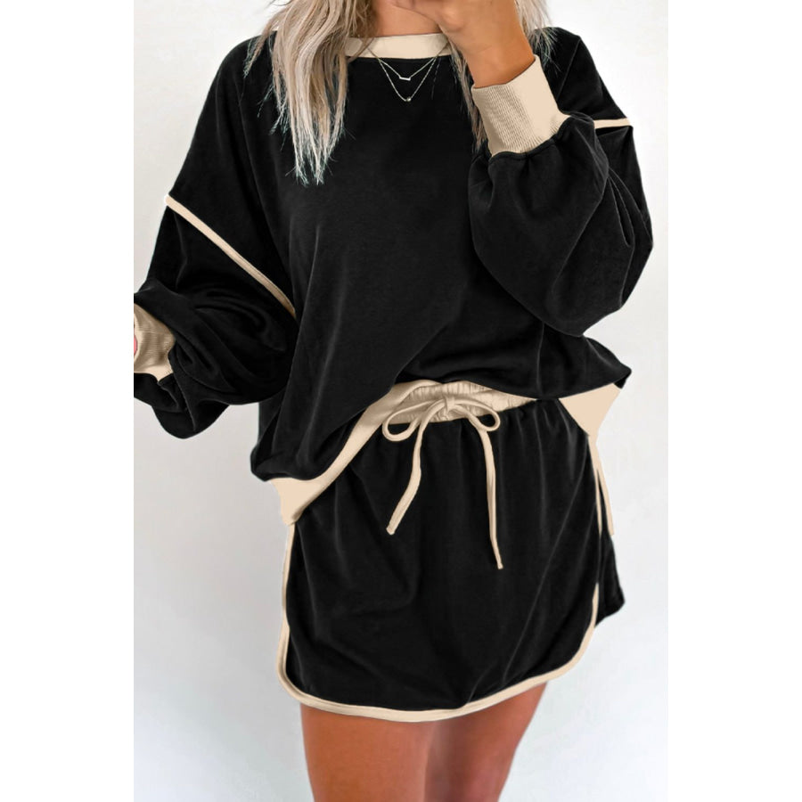 Contrast Trim Round Neck Top and Skort Set Apparel and Accessories