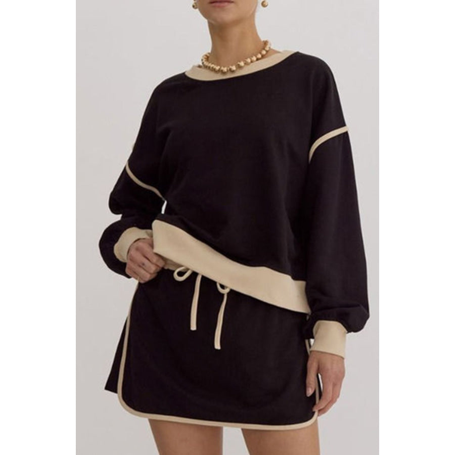 Contrast Trim Round Neck Top and Skort Set Black / S Apparel and Accessories