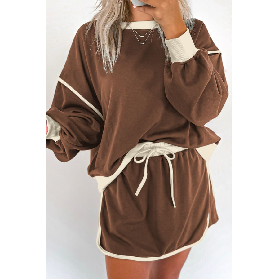 Contrast Trim Round Neck Top and Skort Set Coffee Brown / S Apparel and Accessories