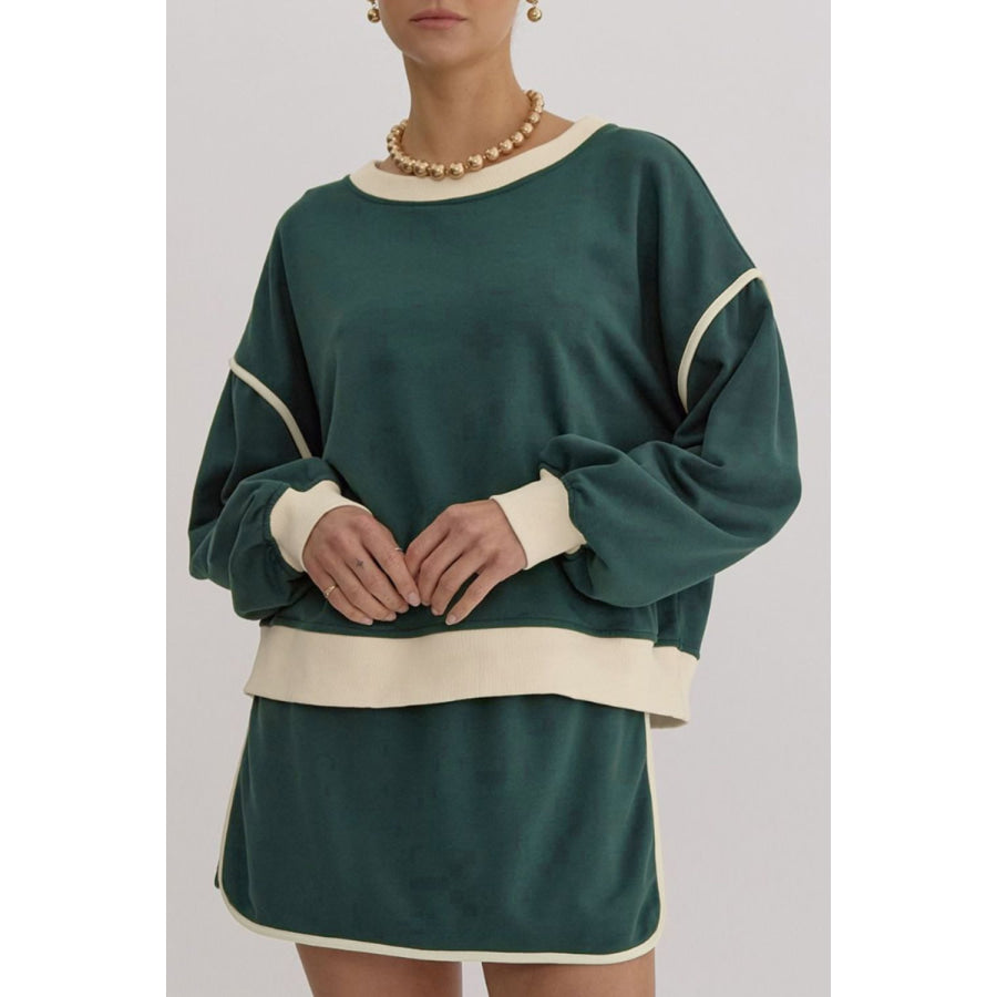 Contrast Trim Round Neck Top and Skort Set Dark Green / S Apparel and Accessories