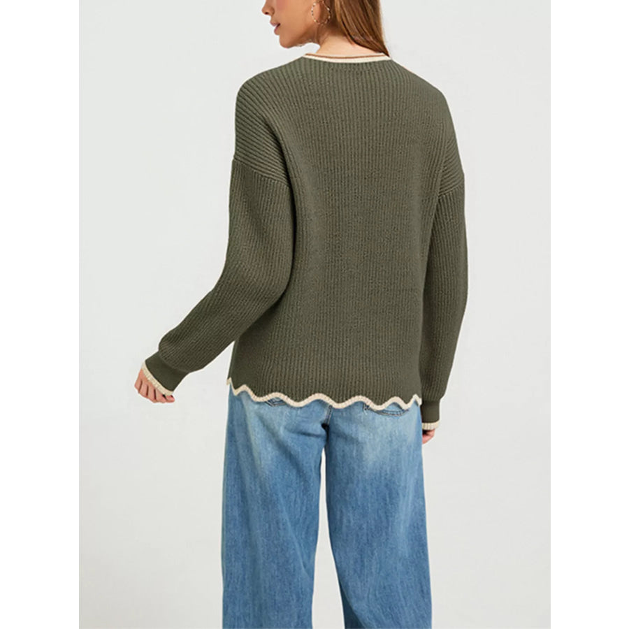 Contrast Trim Scalloped Hem Ribbed Knit Sweater Apparel and Accessories