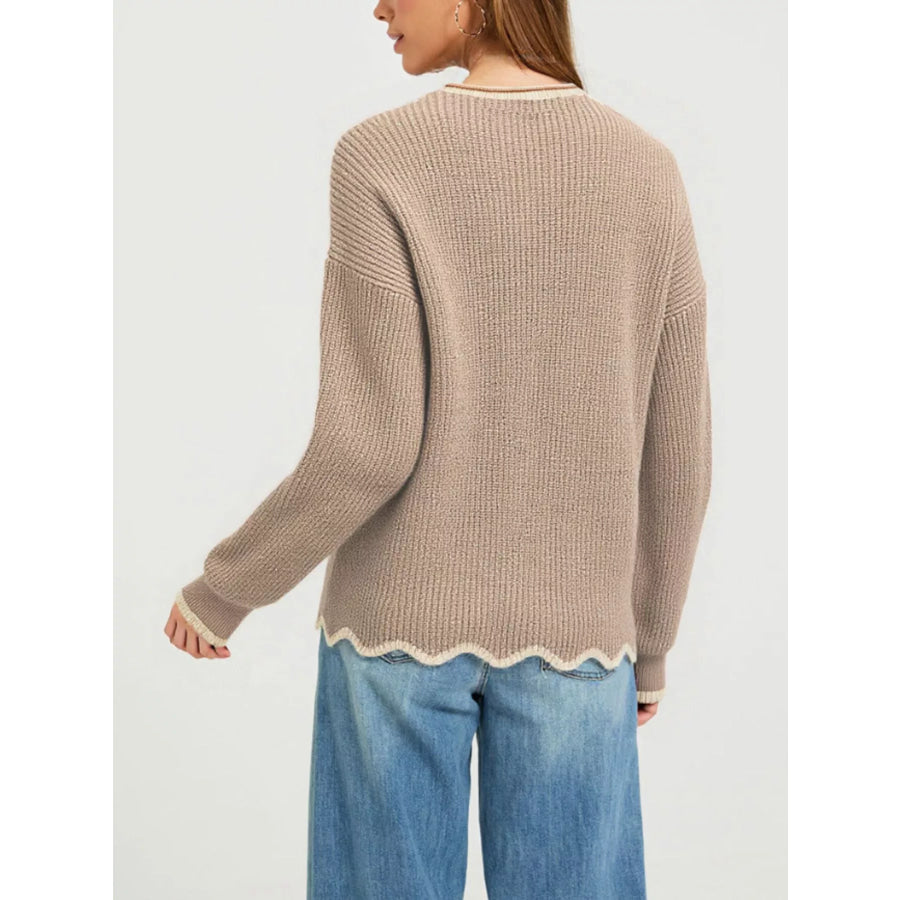 Contrast Trim Scalloped Hem Ribbed Knit Sweater Apparel and Accessories
