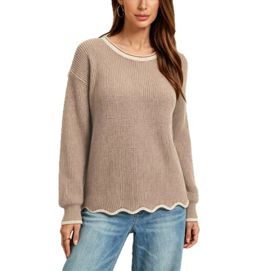 Contrast Trim Scalloped Hem Ribbed Knit Sweater Apparel and Accessories