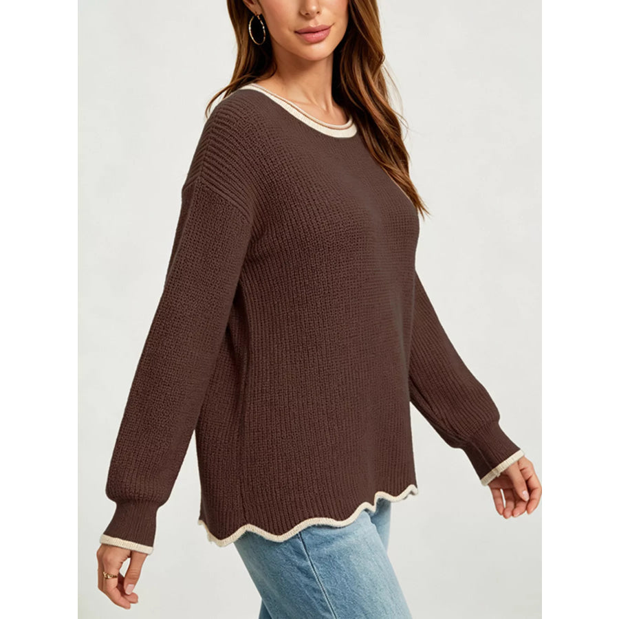 Contrast Trim Scalloped Hem Ribbed Knit Sweater Apparel and Accessories