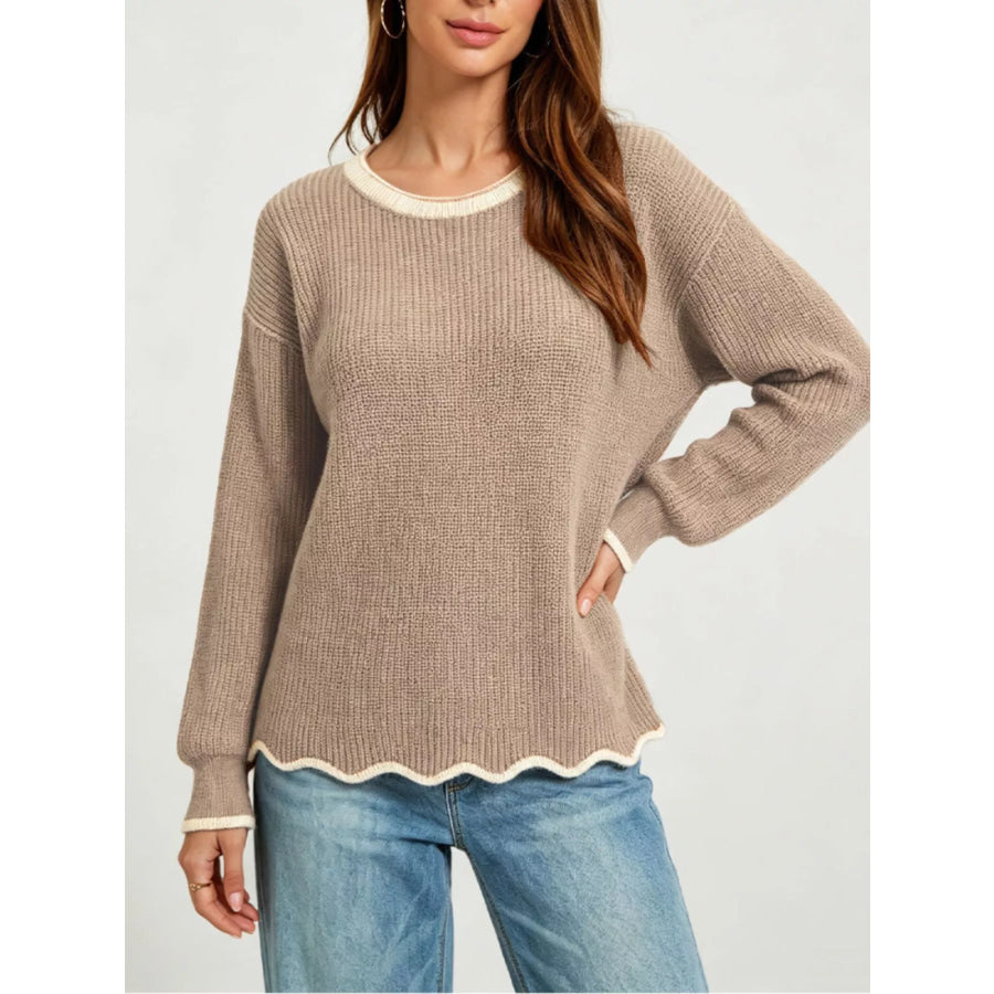 Contrast Trim Scalloped Hem Ribbed Knit Sweater Apparel and Accessories