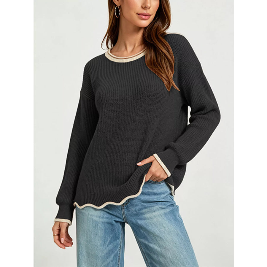 Contrast Trim Scalloped Hem Ribbed Knit Sweater Apparel and Accessories
