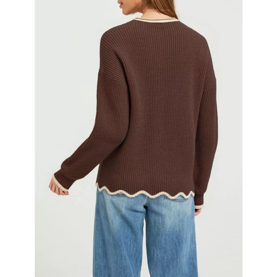Contrast Trim Scalloped Hem Ribbed Knit Sweater Apparel and Accessories