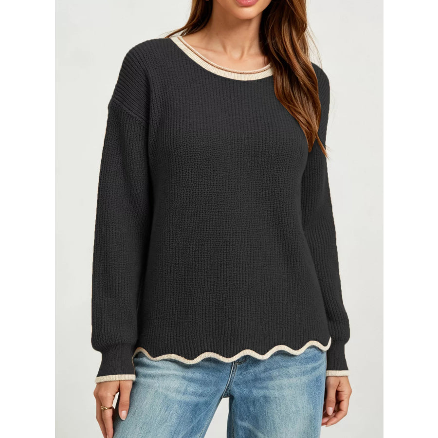 Contrast Trim Scalloped Hem Ribbed Knit Sweater Black / S Apparel and Accessories