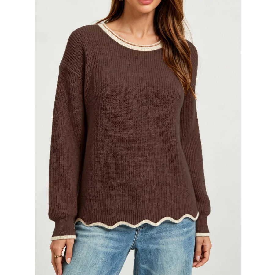 Contrast Trim Scalloped Hem Ribbed Knit Sweater Chocolate / S Apparel and Accessories