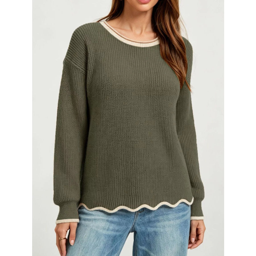 Contrast Trim Scalloped Hem Ribbed Knit Sweater Green / S Apparel and Accessories