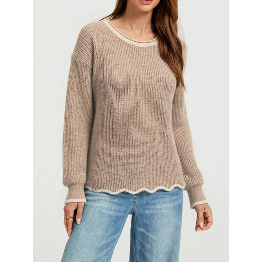 Contrast Trim Scalloped Hem Ribbed Knit Sweater Tan / S Apparel and Accessories