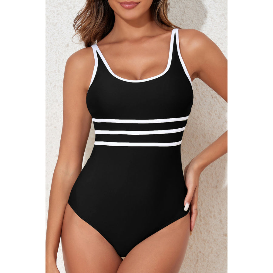 Contrast Trim Scoop Neck One-Piece Swimwear Black / S Apparel and Accessories