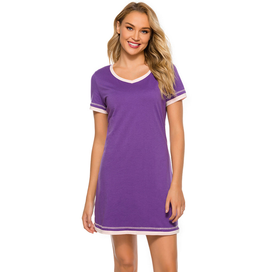 Contrast Trim Short Sleeve Lounge Dress Apparel and Accessories