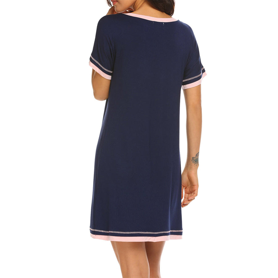 Contrast Trim Short Sleeve Lounge Dress Apparel and Accessories