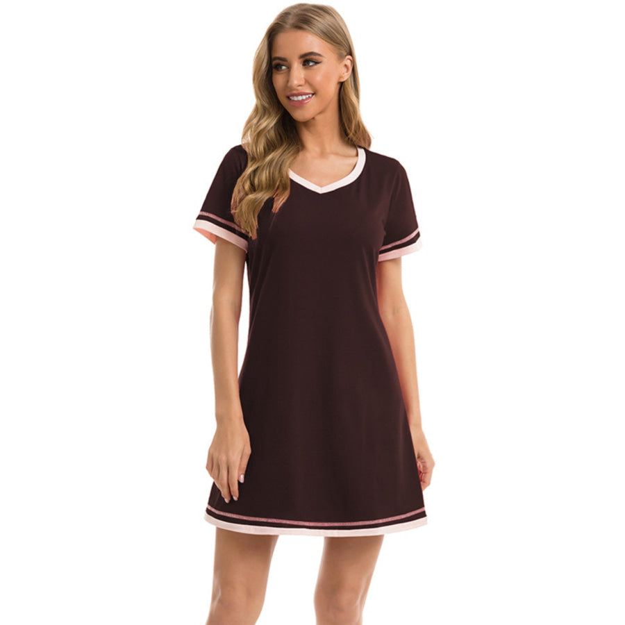 Contrast Trim Short Sleeve Lounge Dress Apparel and Accessories