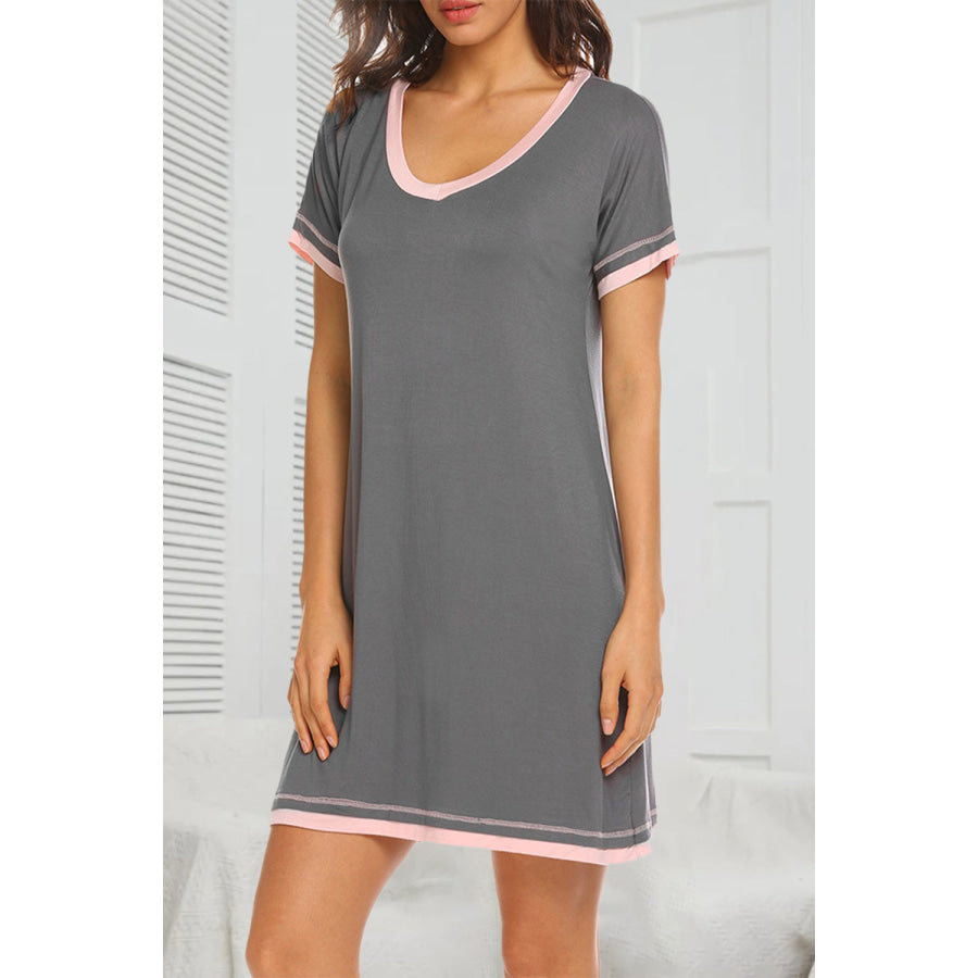 Contrast Trim Short Sleeve Lounge Dress Charcoal / S Apparel and Accessories