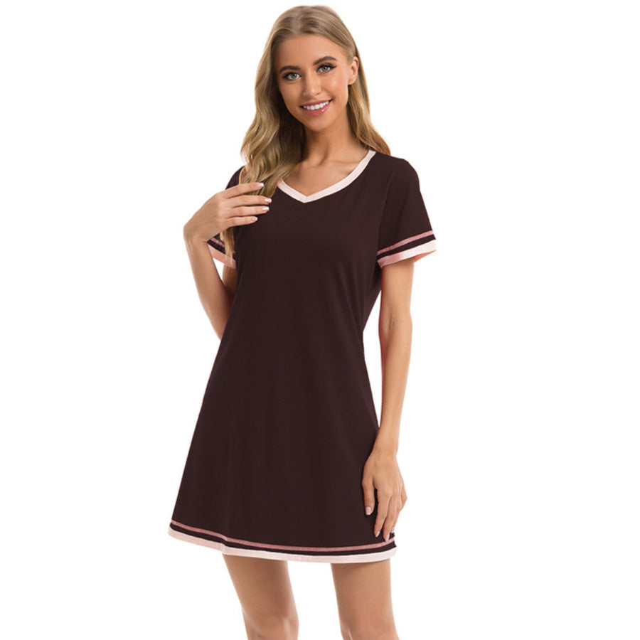 Contrast Trim Short Sleeve Lounge Dress Chocolate / S Apparel and Accessories