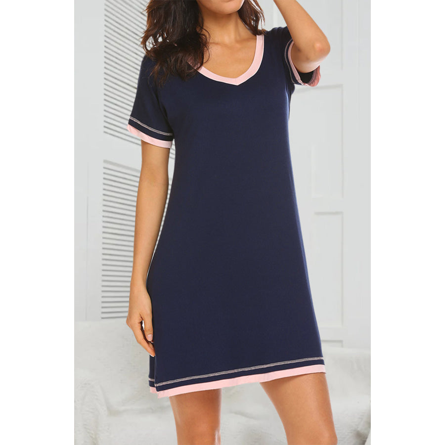 Contrast Trim Short Sleeve Lounge Dress Dark Navy / S Apparel and Accessories