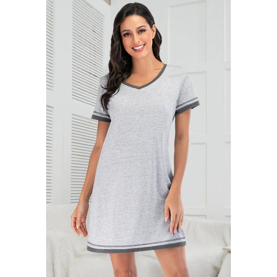 Contrast Trim Short Sleeve Lounge Dress Light Gray / S Apparel and Accessories