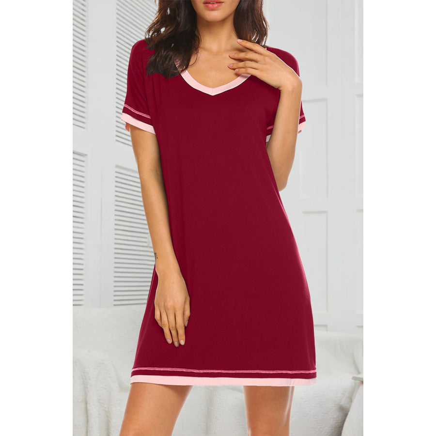 Contrast Trim Short Sleeve Lounge Dress Wine / S Apparel and Accessories