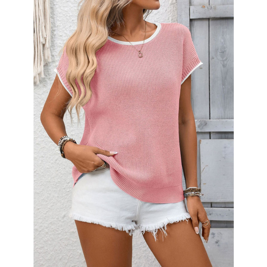 Contrast Trim Short Sleeve Sweater Apparel and Accessories