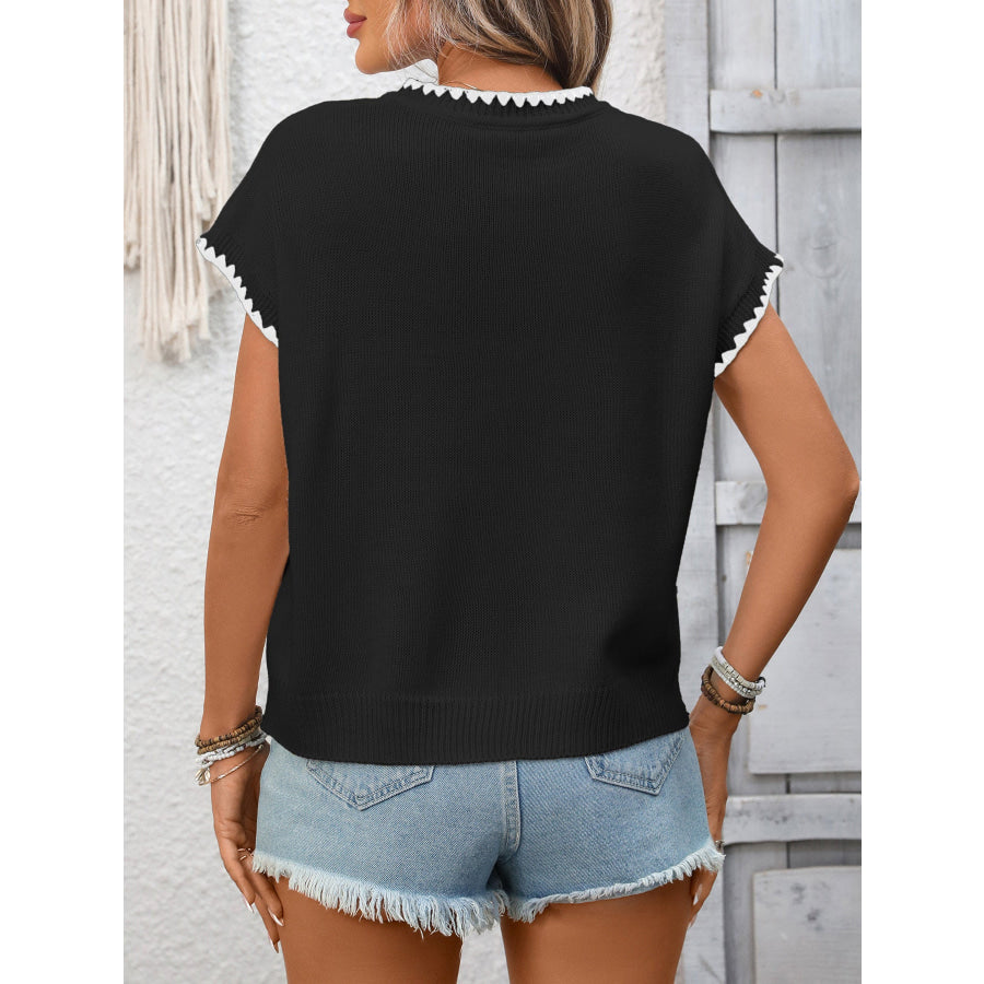 Contrast Trim Short Sleeve Sweater Apparel and Accessories