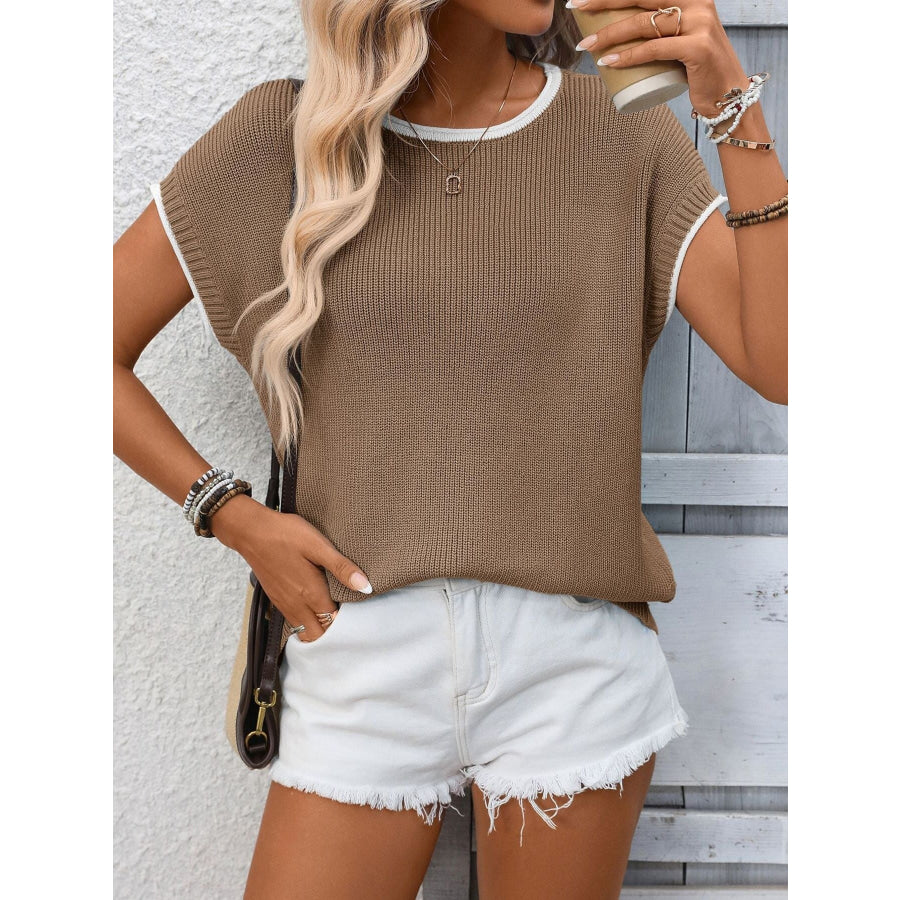Contrast Trim Short Sleeve Sweater Brown / S Apparel and Accessories