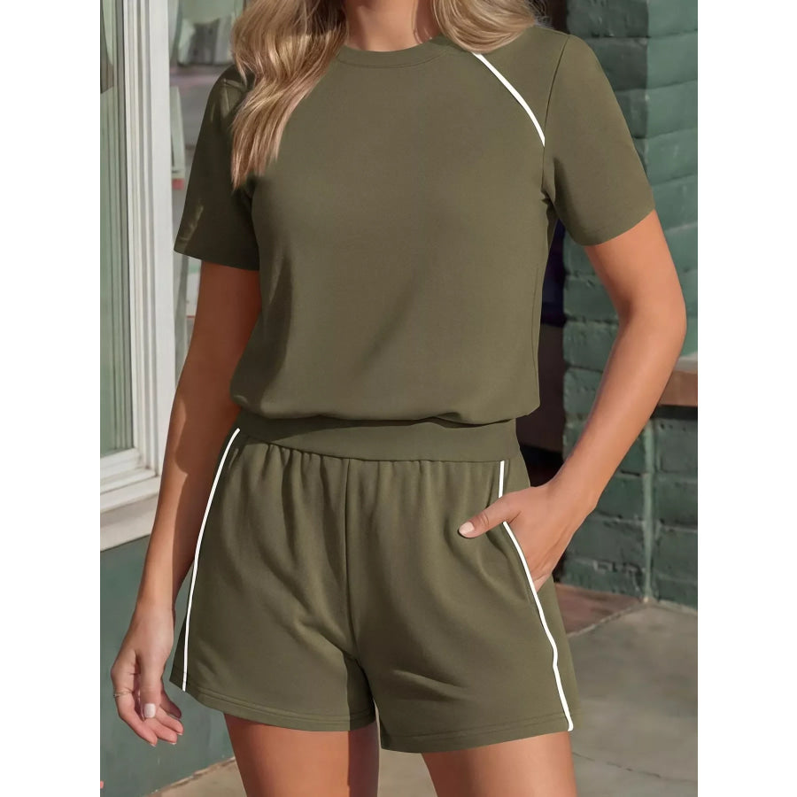 Contrast Trim Short Sleeve T-Shirt and Shorts Set Army Green / S Apparel and Accessories