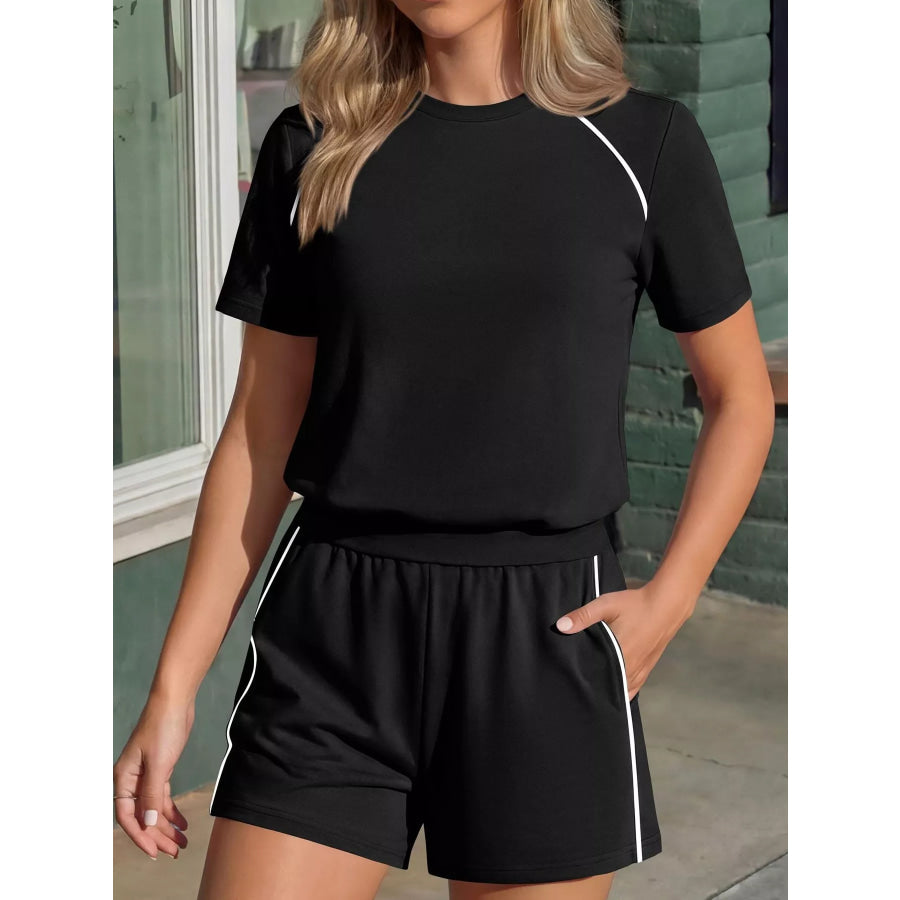 Contrast Trim Short Sleeve T-Shirt and Shorts Set Black / S Apparel and Accessories