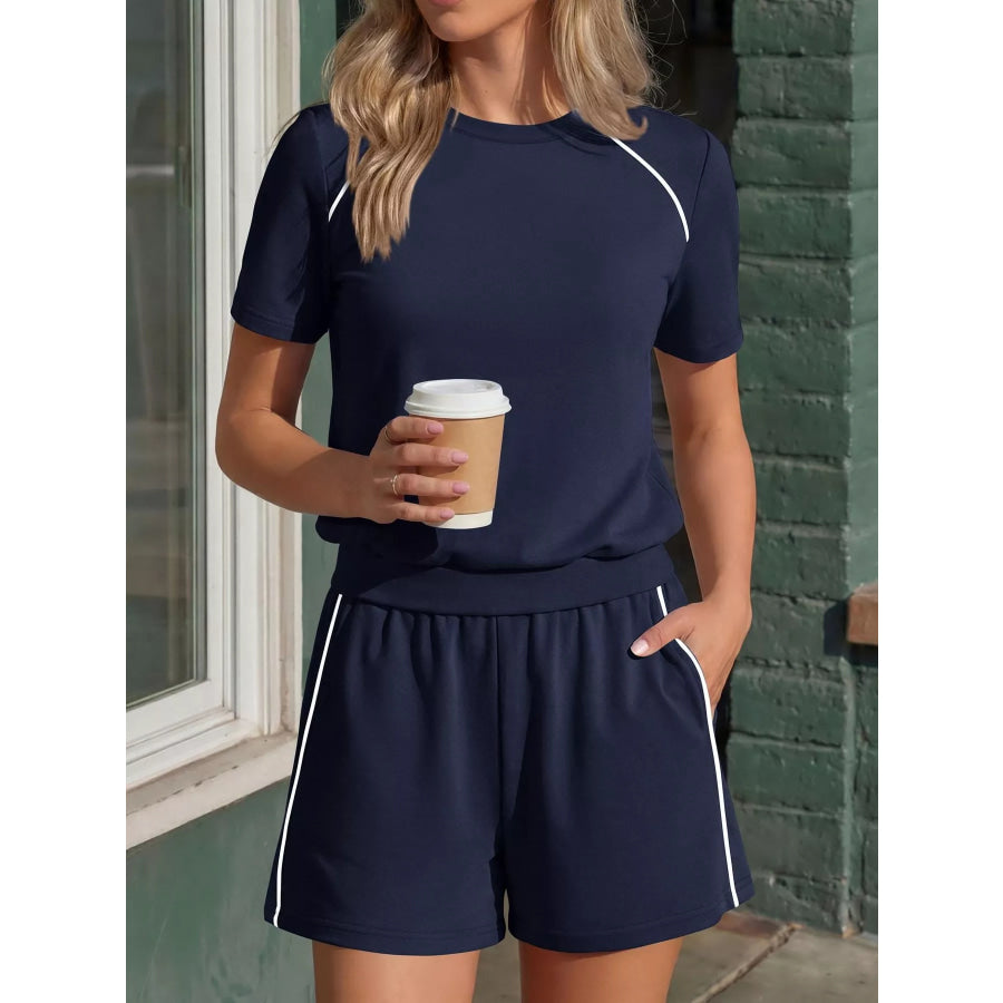 Contrast Trim Short Sleeve T-Shirt and Shorts Set Navy Blue / S Apparel and Accessories