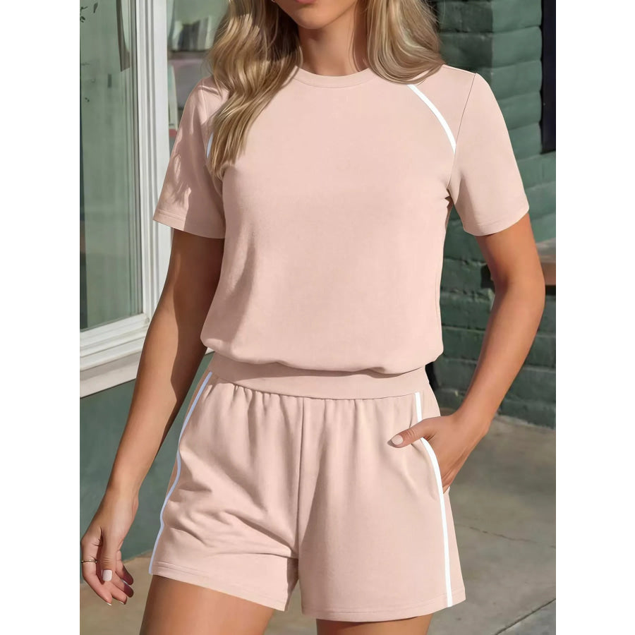Contrast Trim Short Sleeve T-Shirt and Shorts Set Pale Blush / S Apparel and Accessories