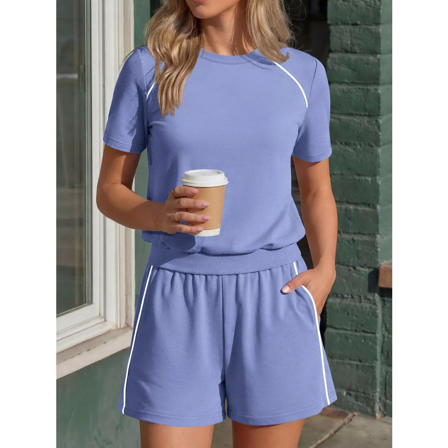 Contrast Trim Short Sleeve T-Shirt and Shorts Set Sky Blue / S Apparel and Accessories