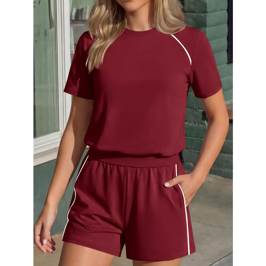 Contrast Trim Short Sleeve T-Shirt and Shorts Set Wine Red / S Apparel and Accessories