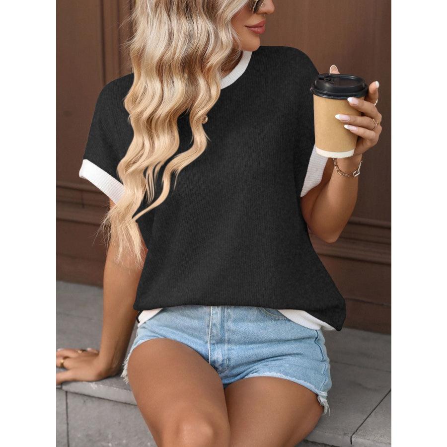 Contrast Trim Short Sleeve T-Shirt Black Gray / S Apparel and Accessories
