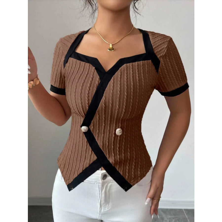 Contrast Trim Short Sleeve T-Shirt Dark Brown / S Apparel and Accessories